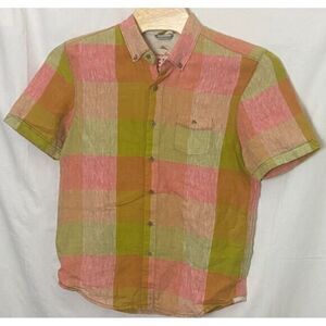 Tommy Bahama Relax Hawaiian Shirt‎ Mens L Coral Green Patchwork Check 100% Linen